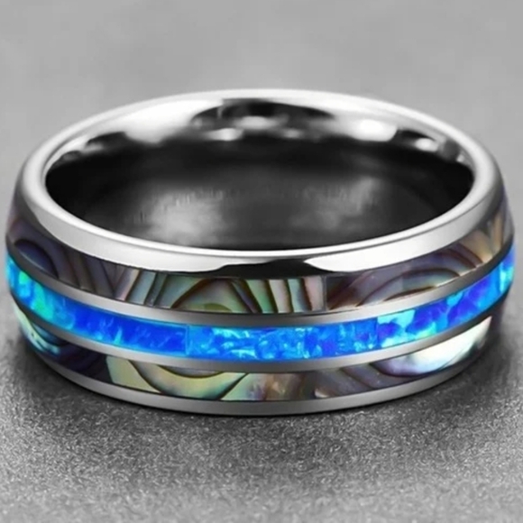 NEW Mens Tungsten Carbide inlaid Shells Blue Opal Statement Ring Gifts Unisex - Picture 4 of 16